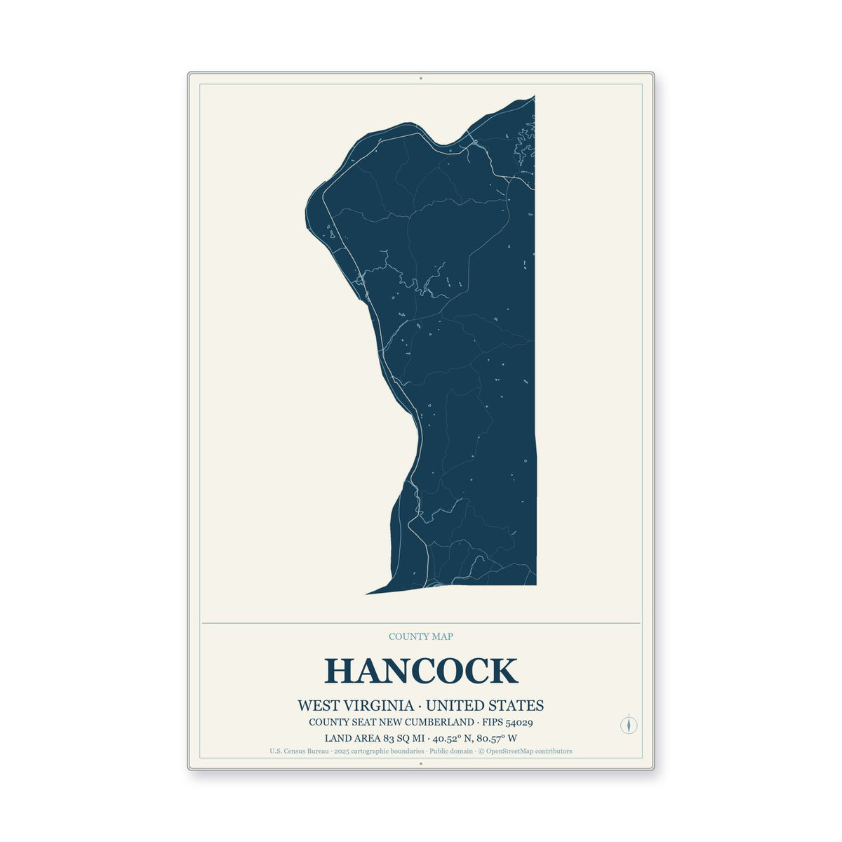 Hancock County, West Virginia Map Aluminum Sign in Coastal Cutout style