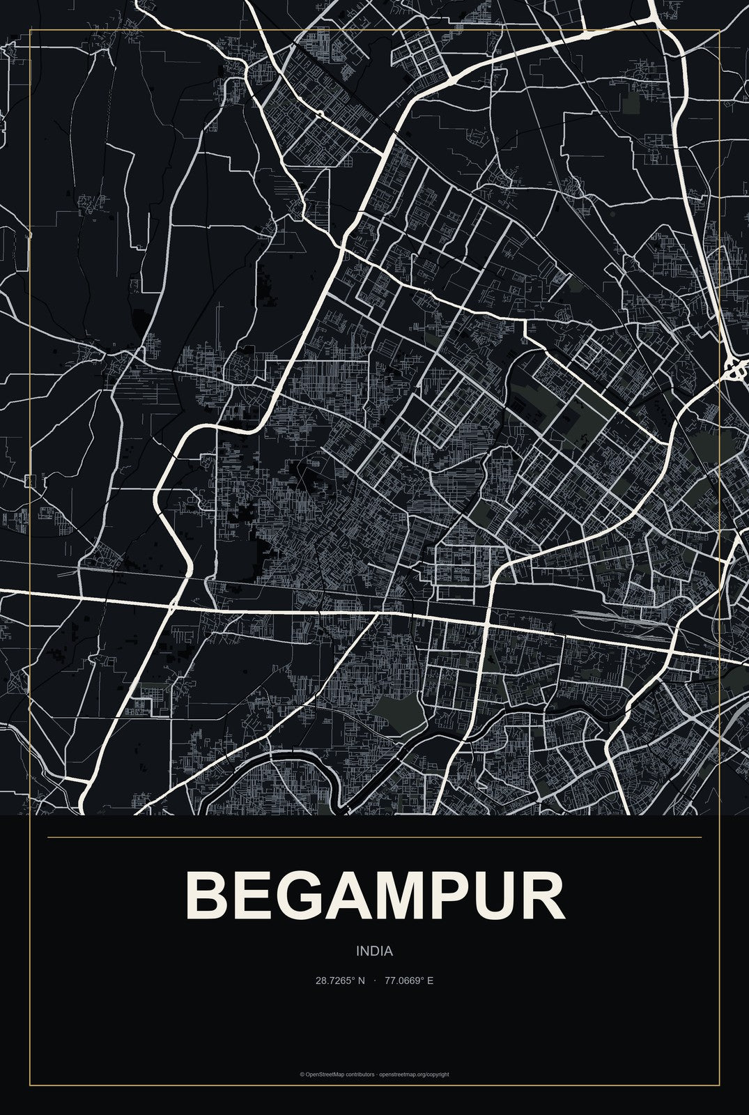 Begampur, India City Map Aluminum Sign in Metropolitan Noir style