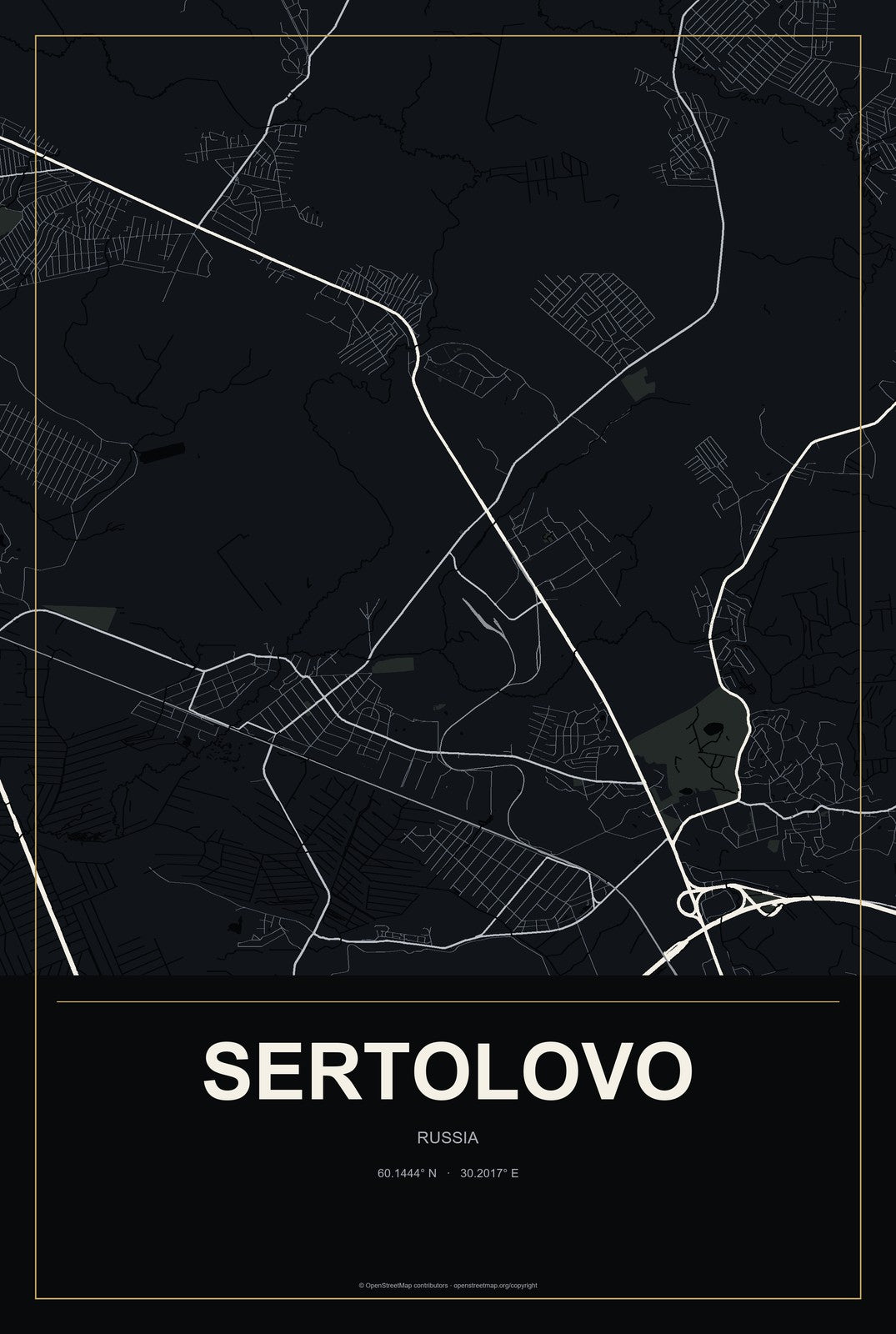 Sertolovo, Russia City Map Aluminum Sign in Metropolitan Noir style