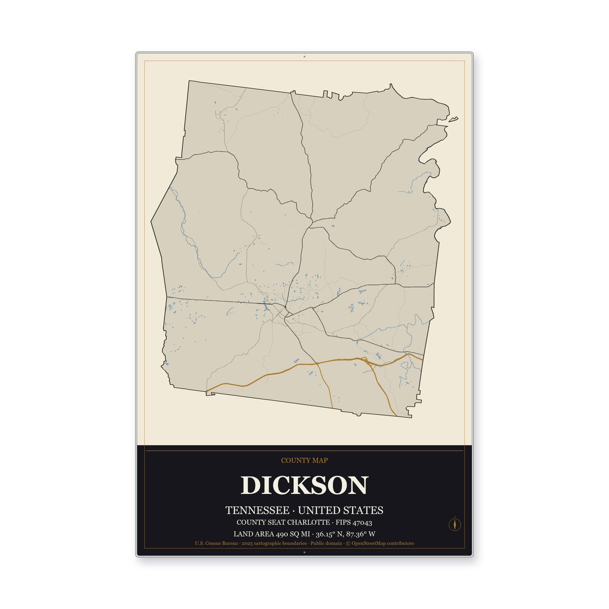 Dickson County, Tennessee Map Aluminum Sign in Museum Plaque style