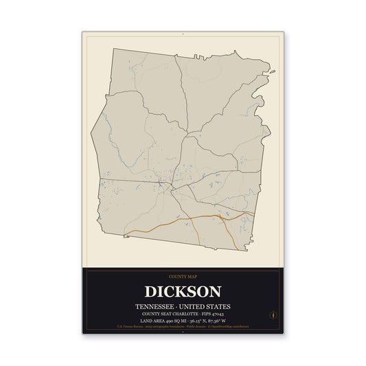 Dickson County, Tennessee Map Aluminum Sign in Museum Plaque style