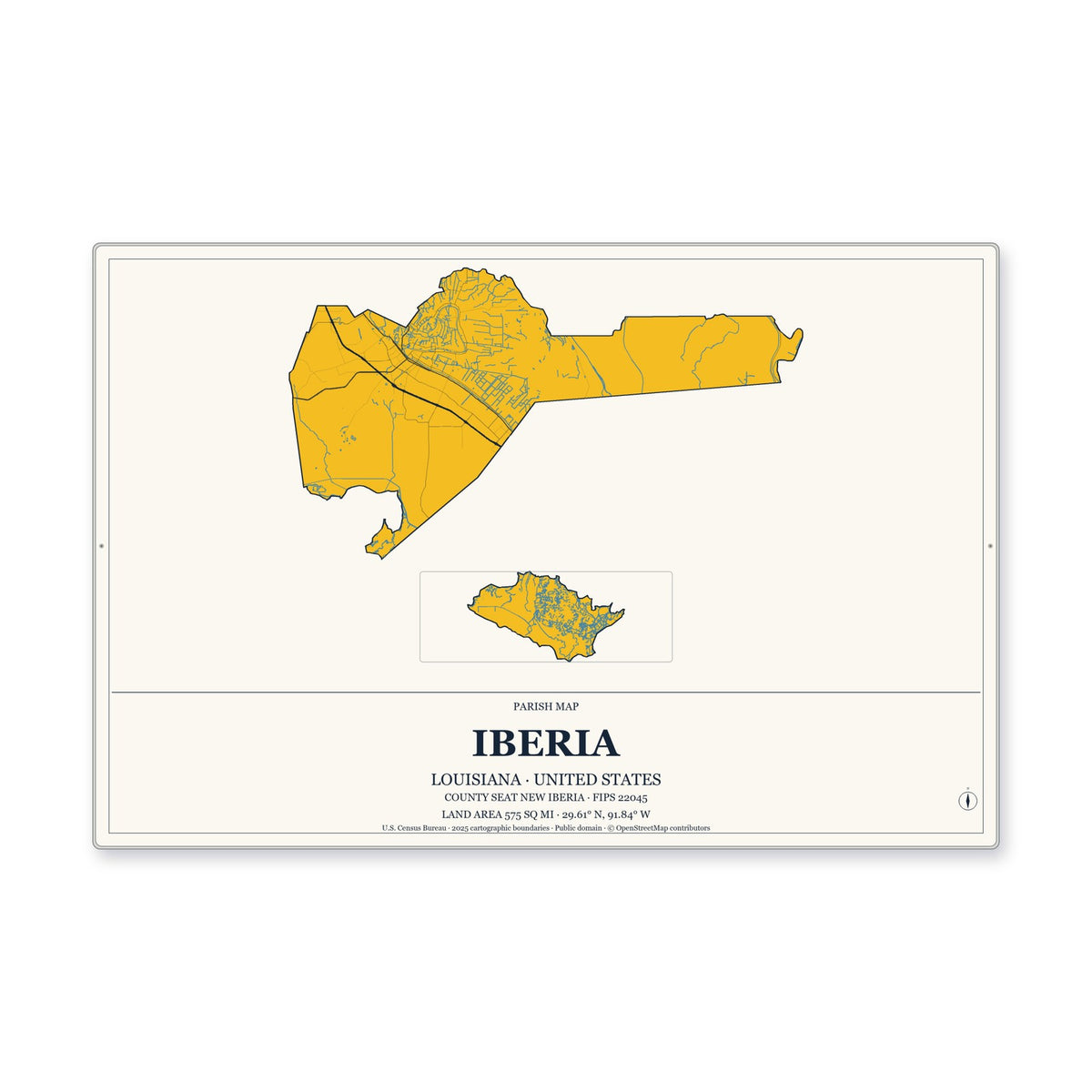 Iberia Parish, Louisiana Map Aluminum Sign in Citrine Modern style