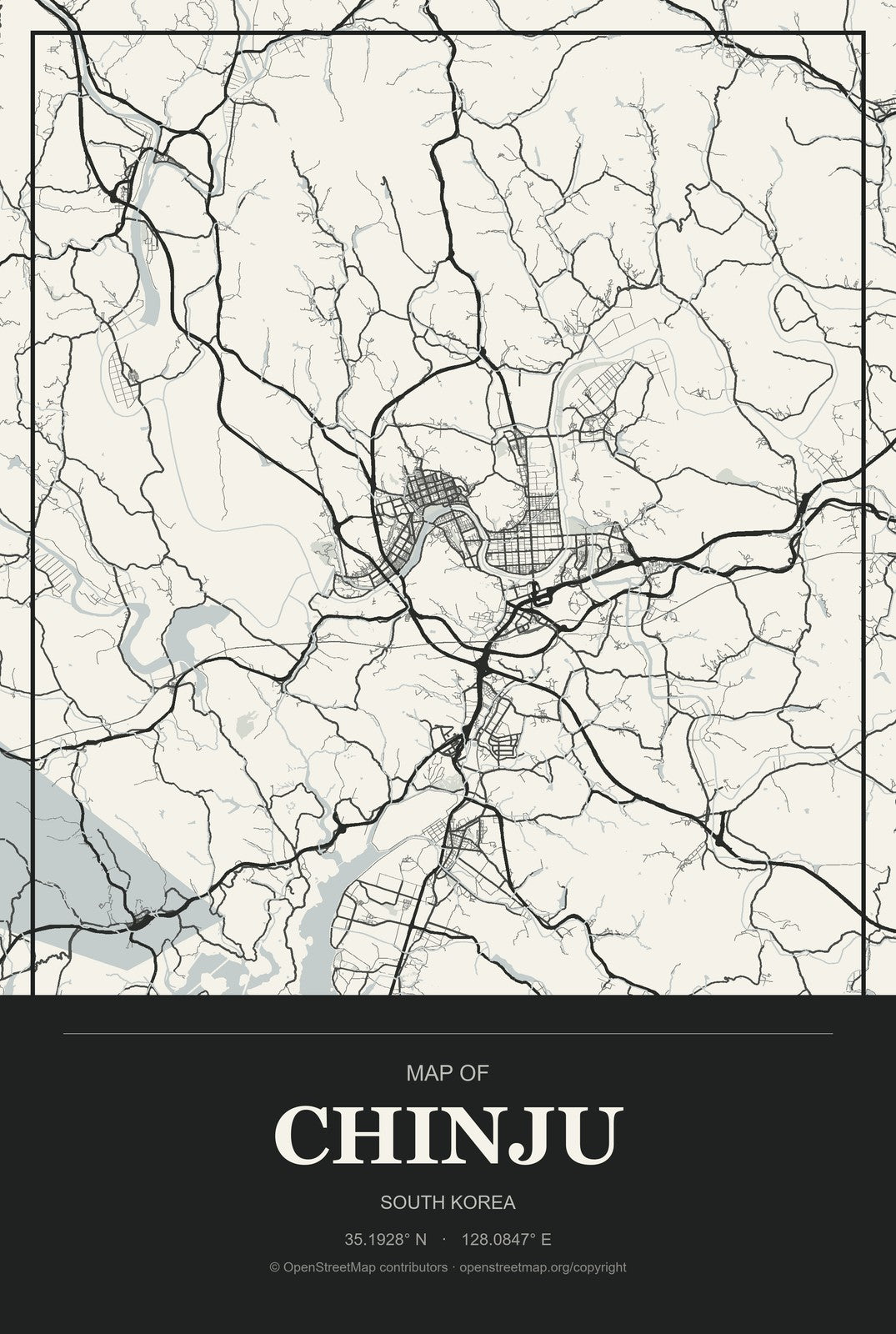 Chinju, South Korea City Map Aluminum Sign in Museum Plaque style