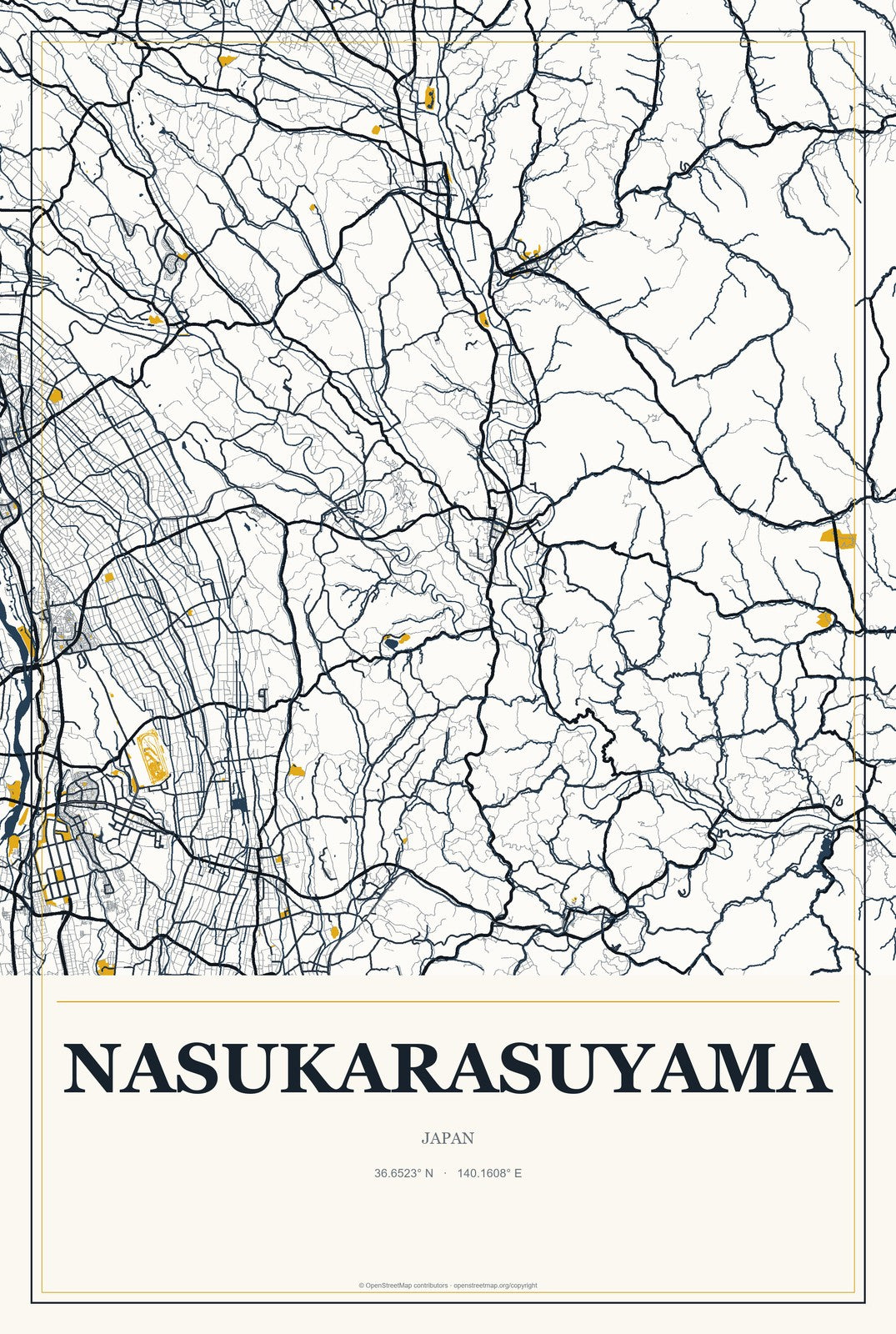 Nasukarasuyama, Japan City Map Aluminum Sign in Citrine Modern style