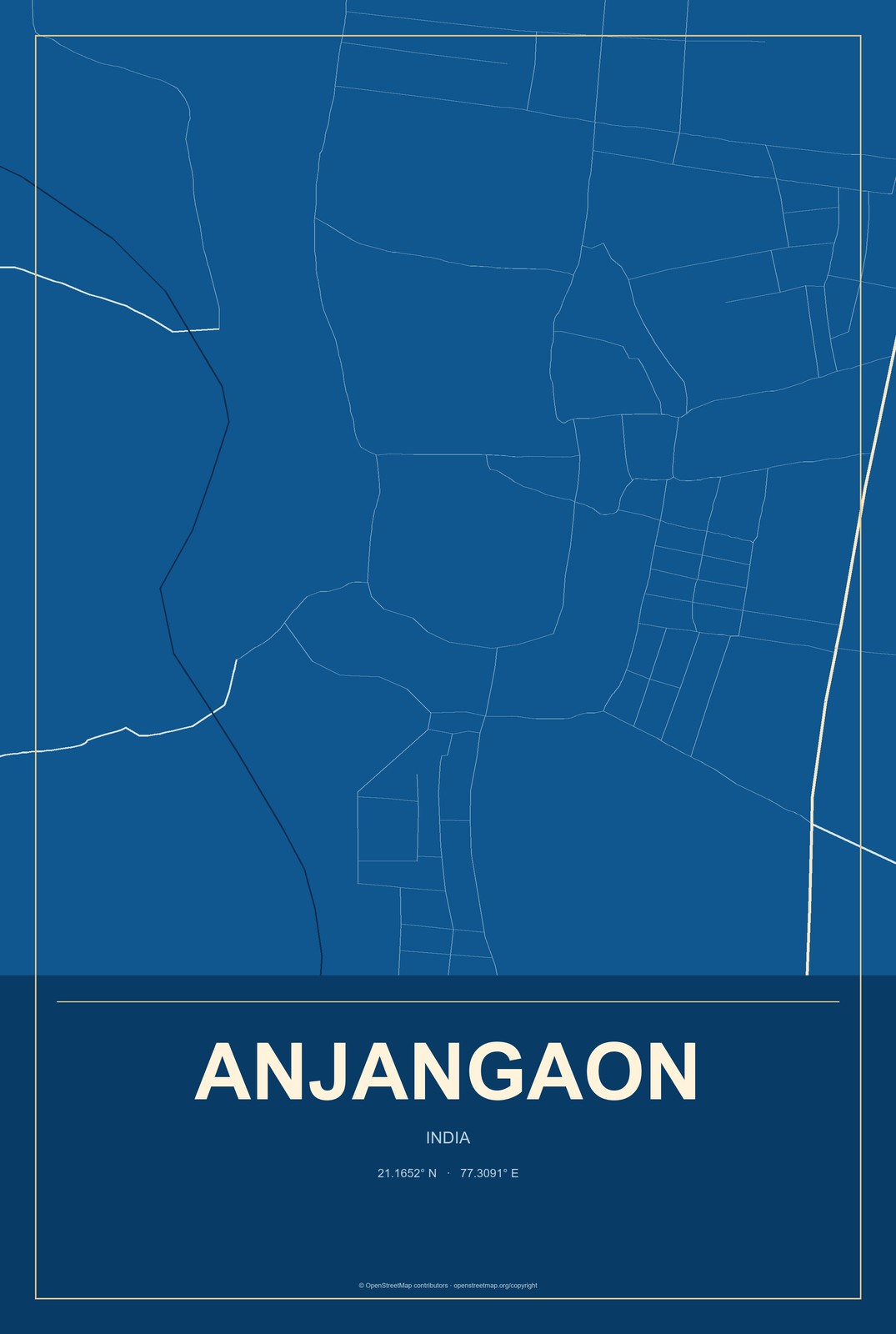 Anjangaon, India City Map Aluminum Sign in Harbor Cobalt style