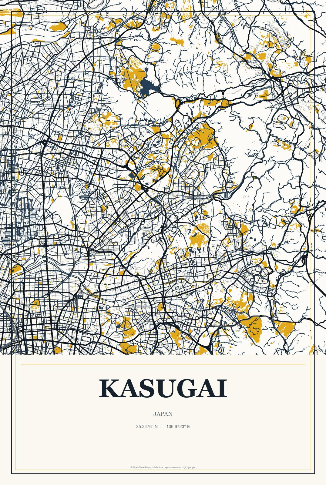 Kasugai, Japan City Map Aluminum Sign in Citrine Modern style