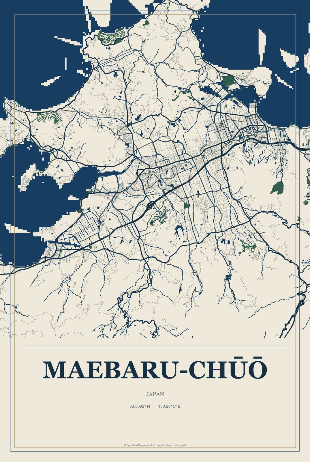 Maebaru-chūō, Japan City Map Aluminum Sign in Coastal Cutout style