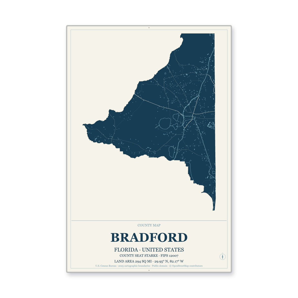 Bradford County, Florida Map Aluminum Sign in Coastal Cutout style