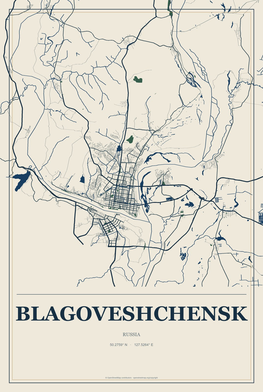 Blagoveshchensk, Bashkortostan Republic, Russia City Map Aluminum Sign in Coastal Cutout style