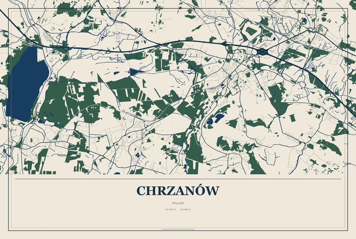 Chrzanów, Poland City Map Aluminum Sign in Coastal Cutout style