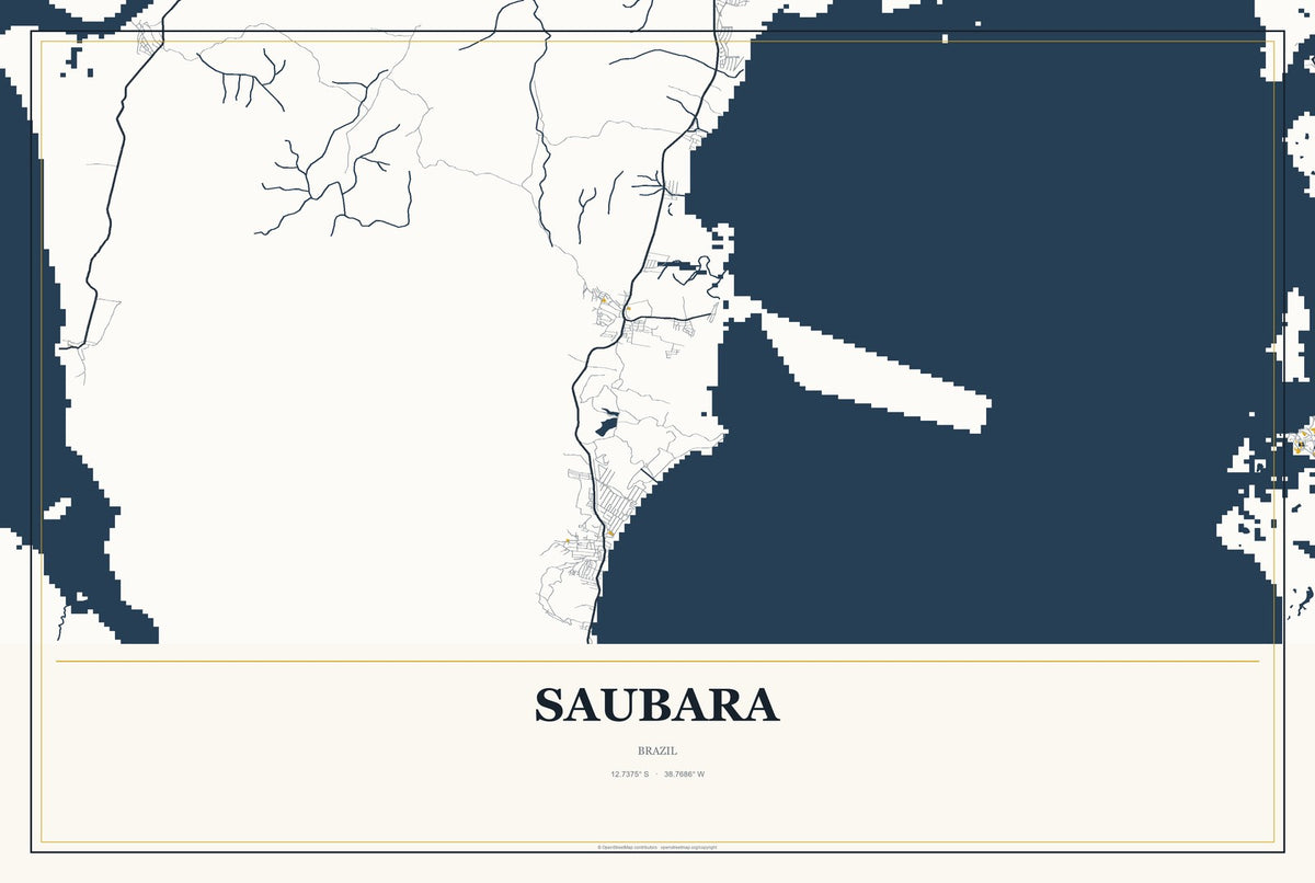 Saubara, Brazil City Map Aluminum Sign in Citrine Modern style