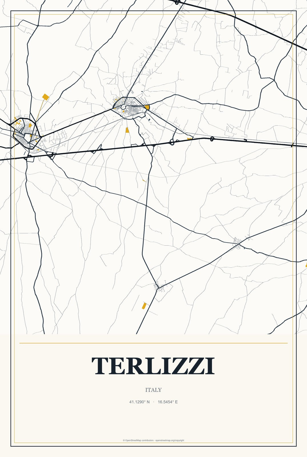Terlizzi, Italy City Map Aluminum Sign in Citrine Modern style