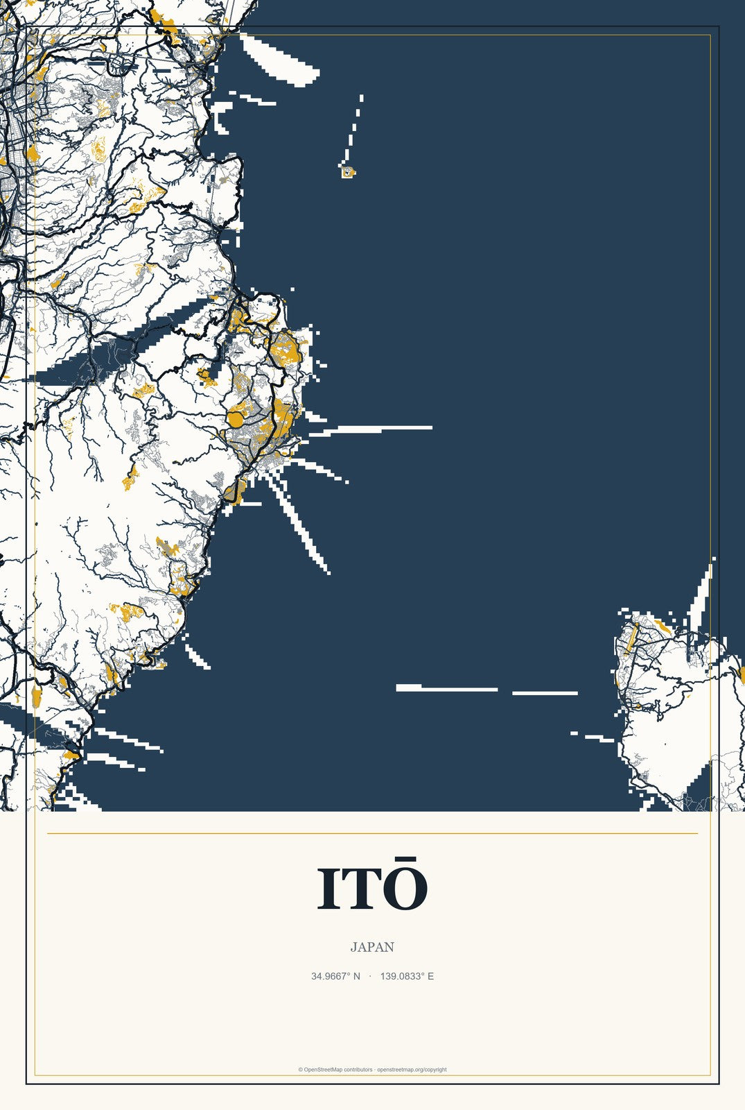 Itō, Japan City Map Aluminum Sign in Citrine Modern style