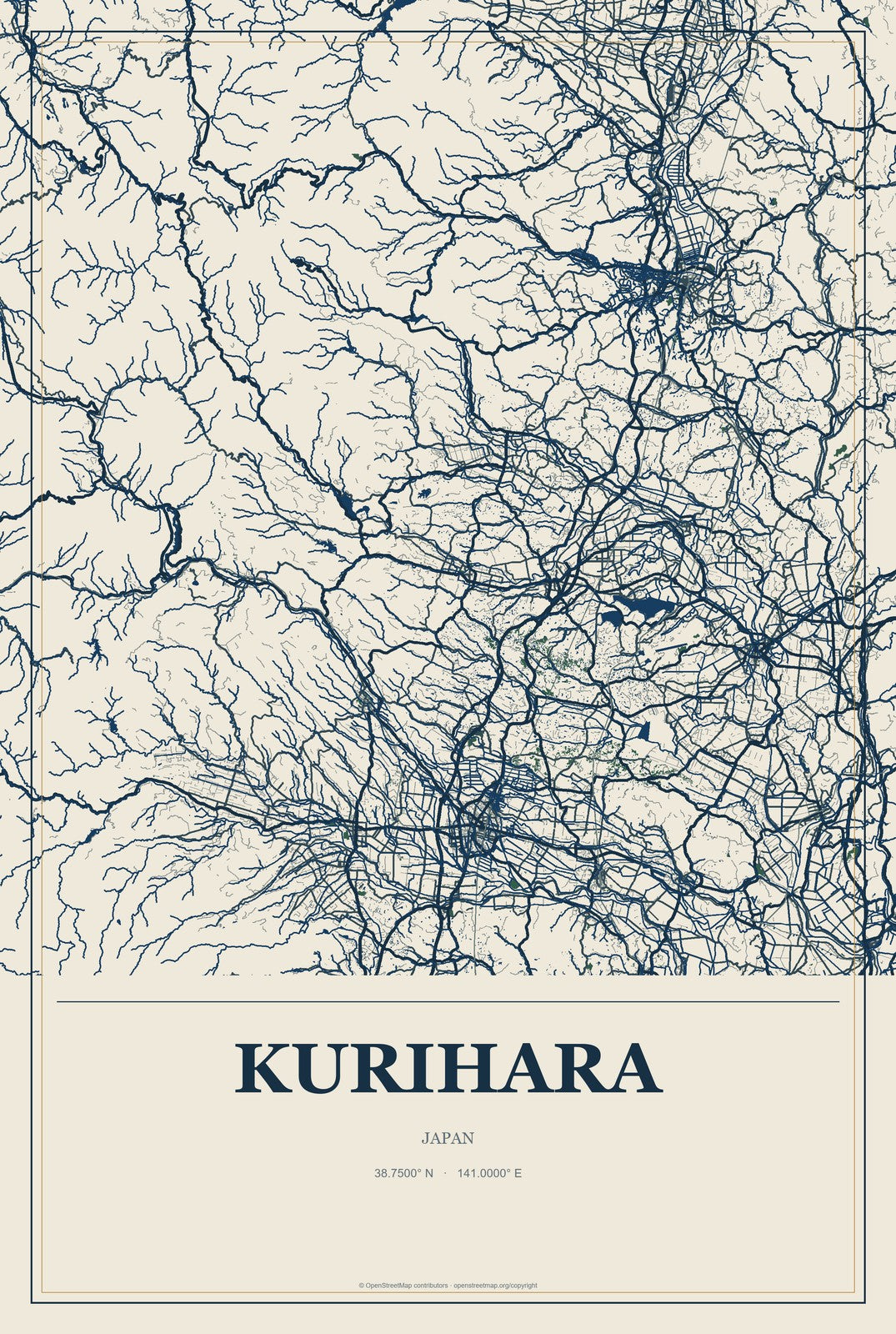 Kurihara, Japan City Map Aluminum Sign in Coastal Cutout style