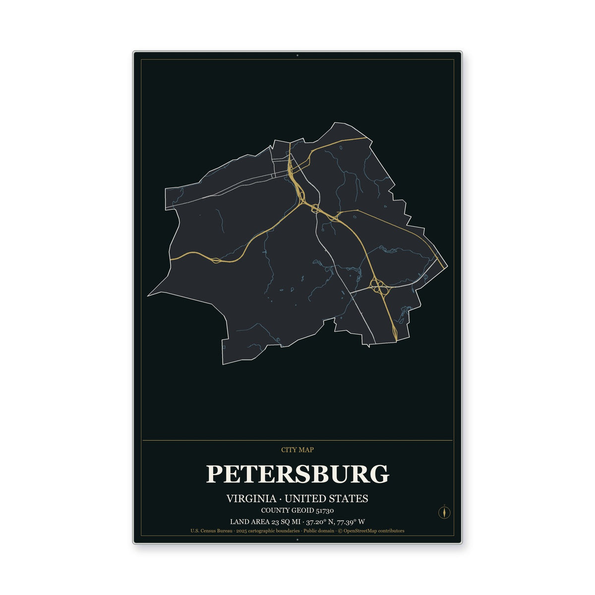 Petersburg city, Virginia Map Aluminum Sign in Metropolitan Noir style