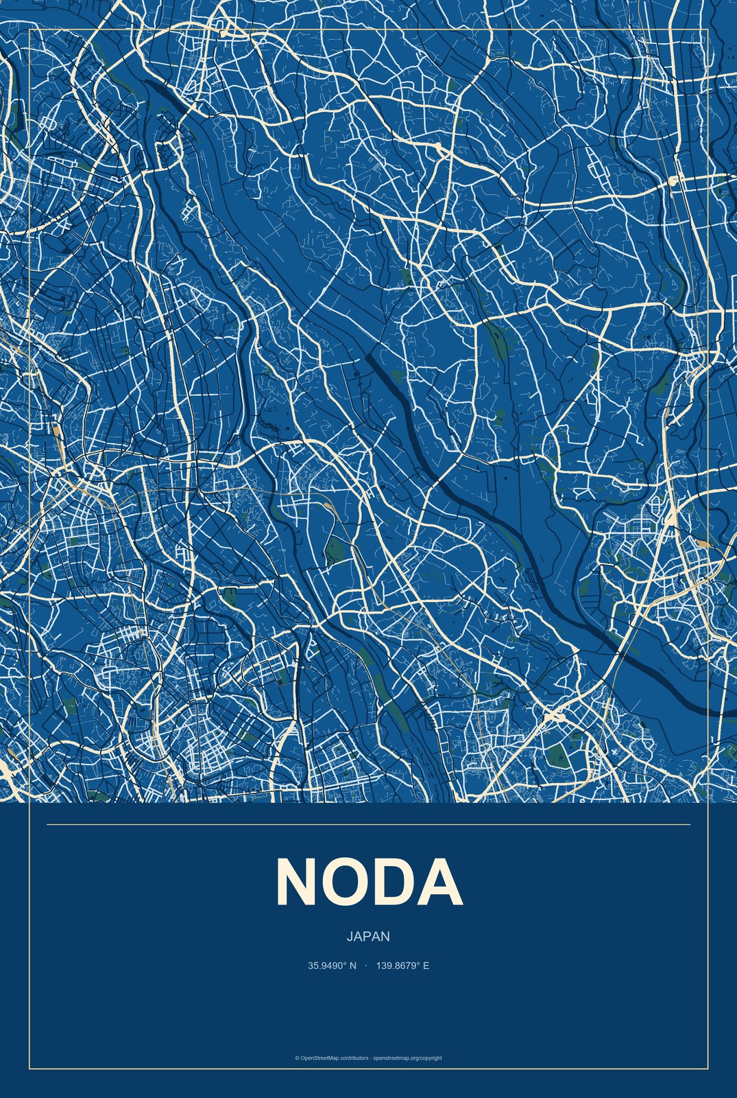 Noda, Japan City Map Aluminum Sign in Harbor Cobalt style
