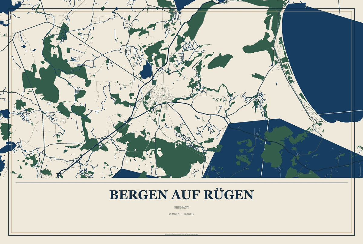 Bergen auf Rügen, Germany City Map Aluminum Sign in Coastal Cutout style