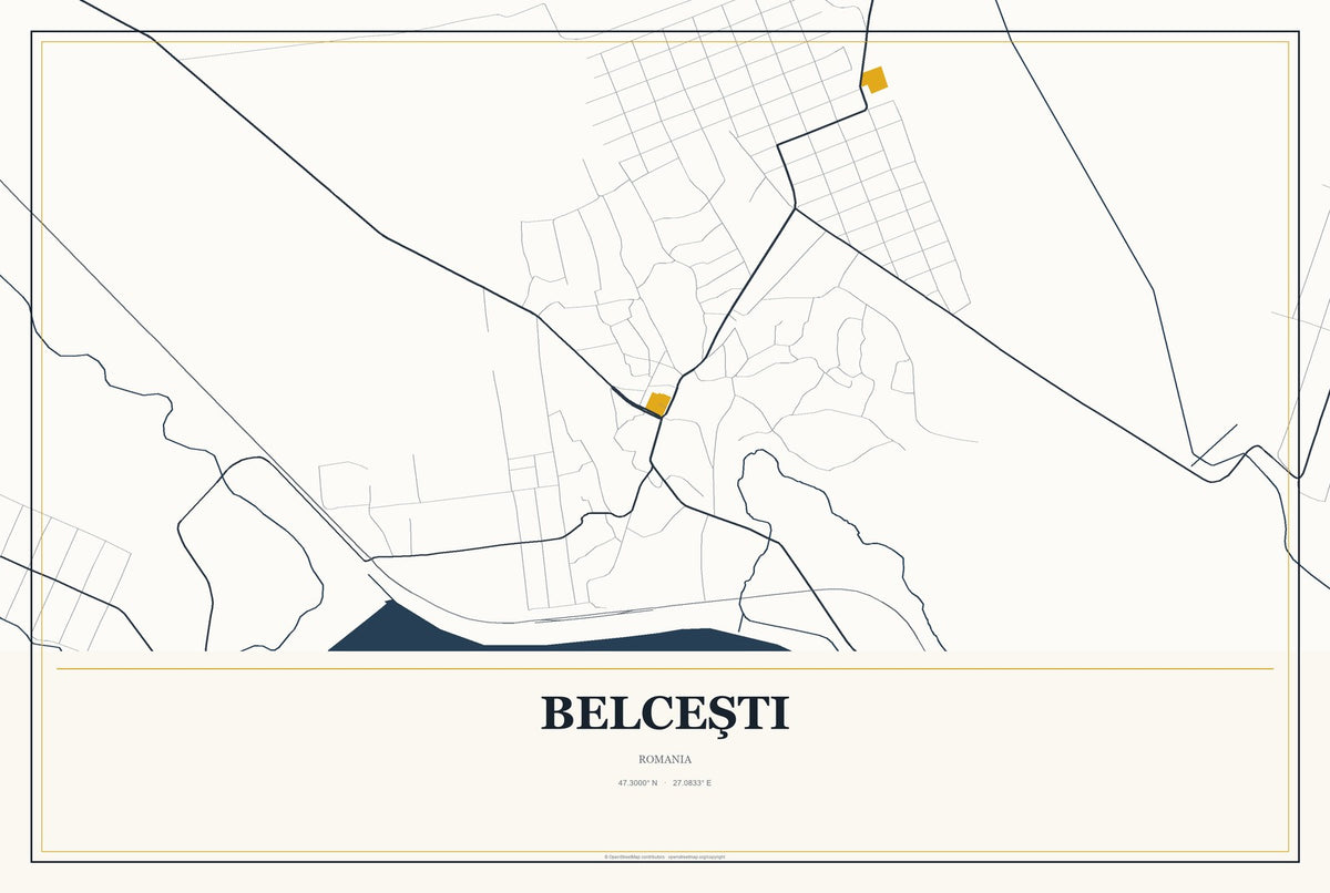 Belceşti, Romania City Map Aluminum Sign in Citrine Modern style