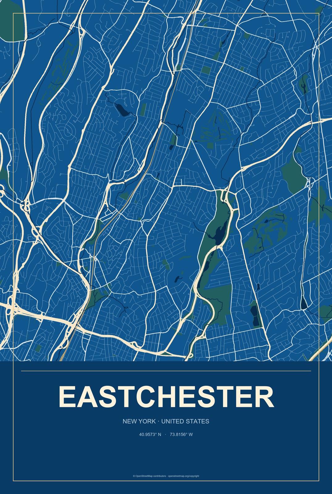 Eastchester, New York City Map Aluminum Sign in Harbor Cobalt style