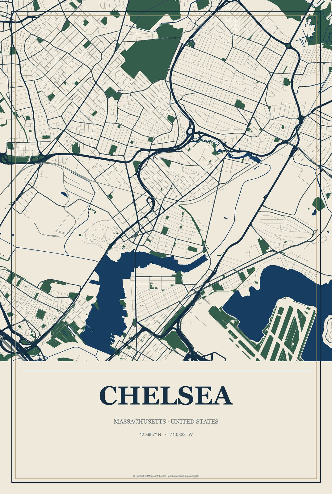 Chelsea, Massachusetts City Map Aluminum Sign in Coastal Cutout style