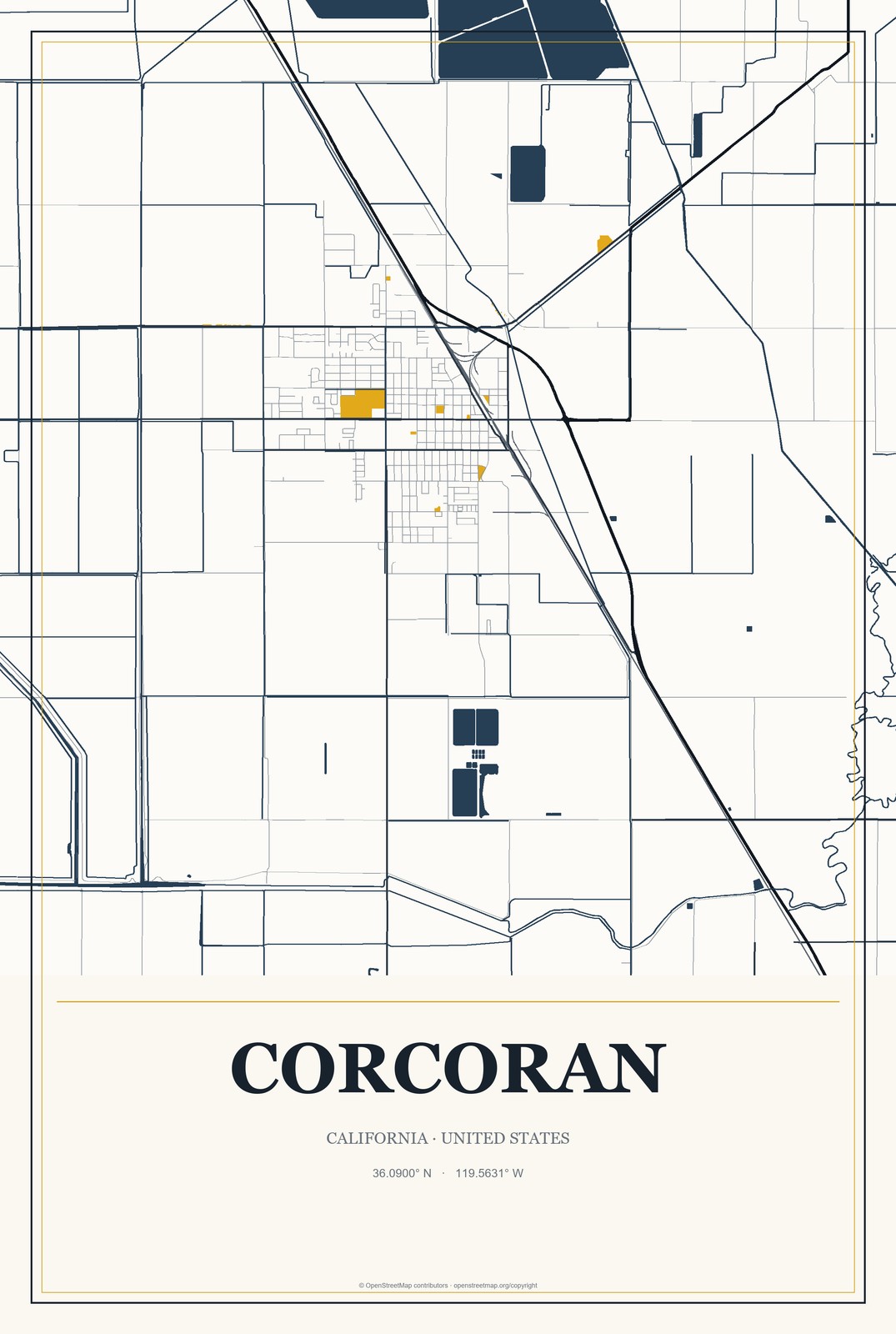 Corcoran, California City Map Aluminum Sign in Citrine Modern style