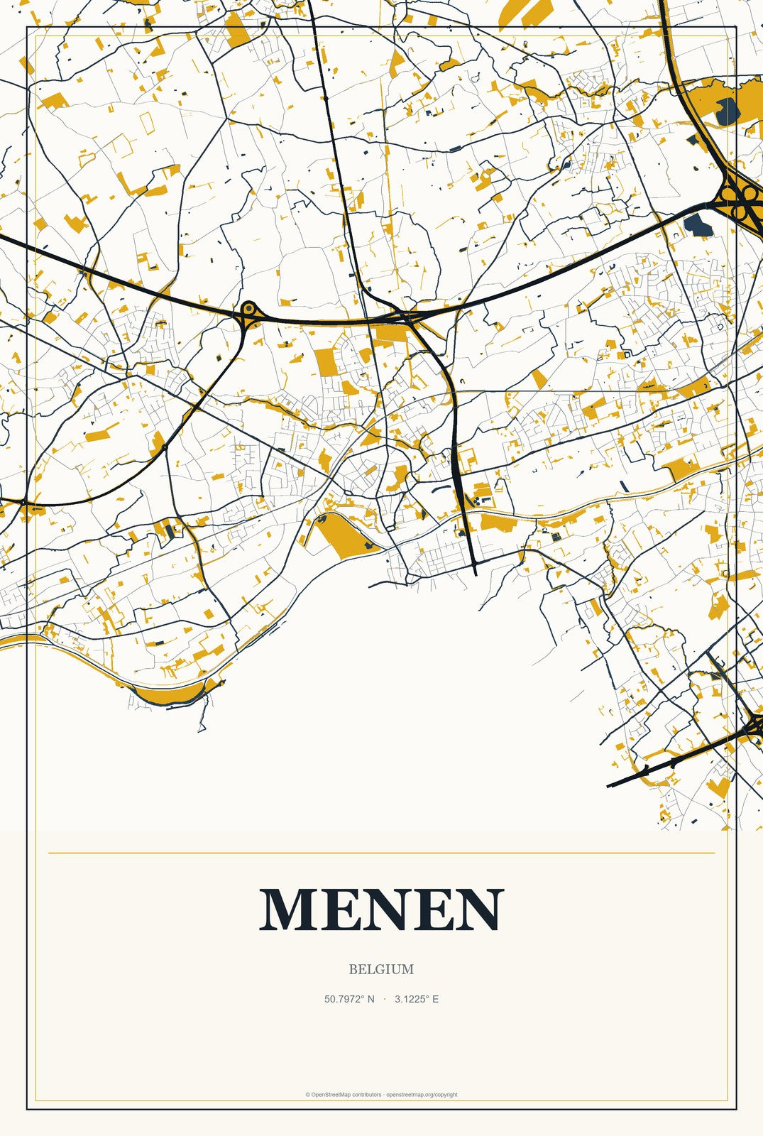 Menen, Belgium City Map Aluminum Sign in Citrine Modern style