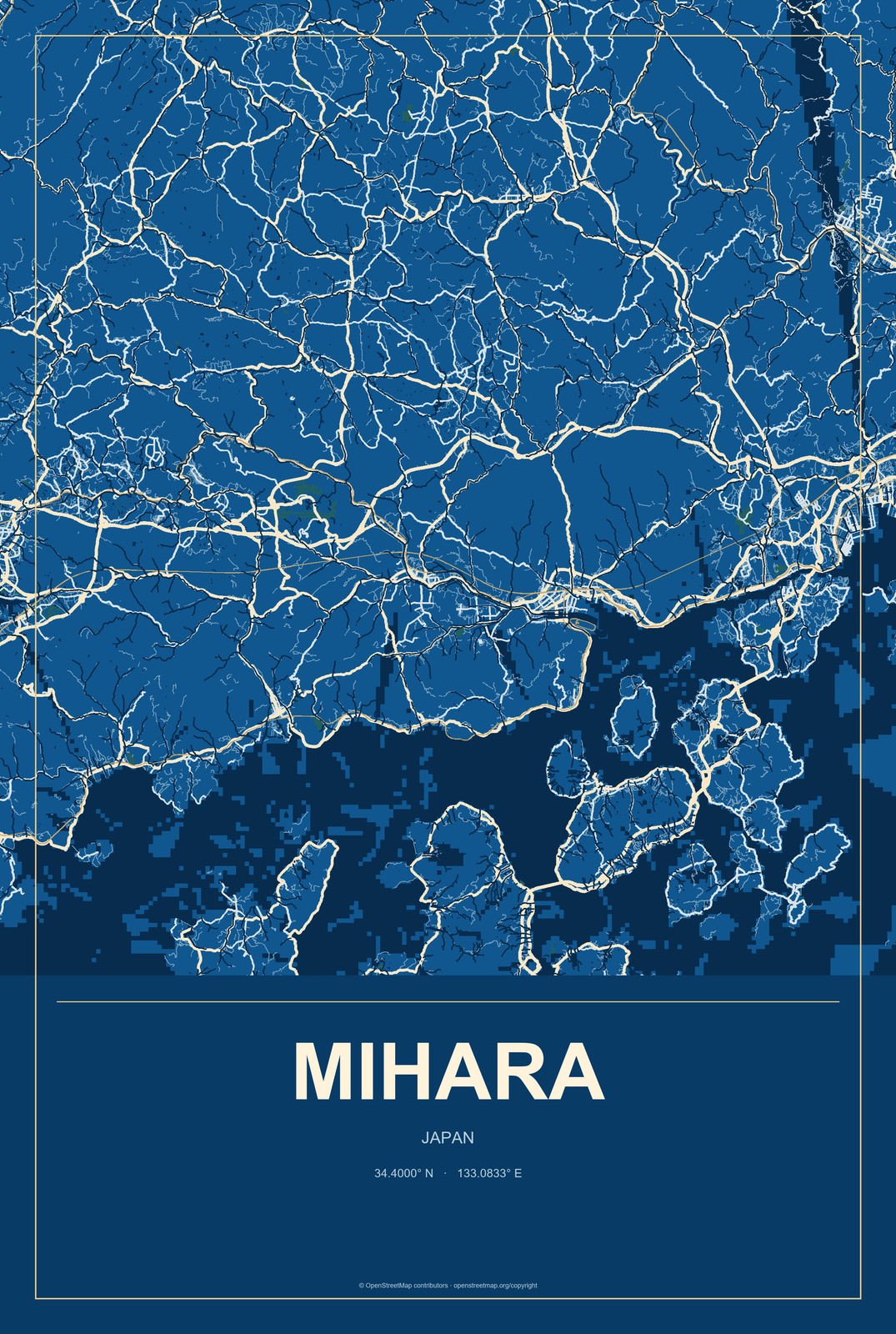 Mihara, Japan City Map Aluminum Sign in Harbor Cobalt style
