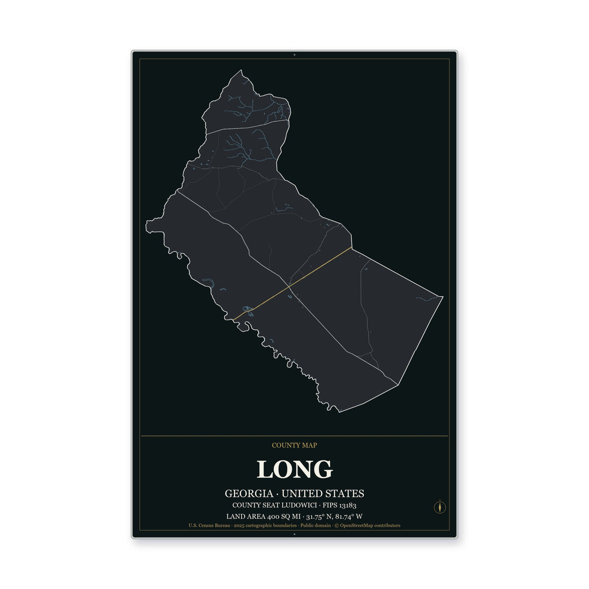 Long County, Georgia Map Aluminum Sign in Metropolitan Noir style