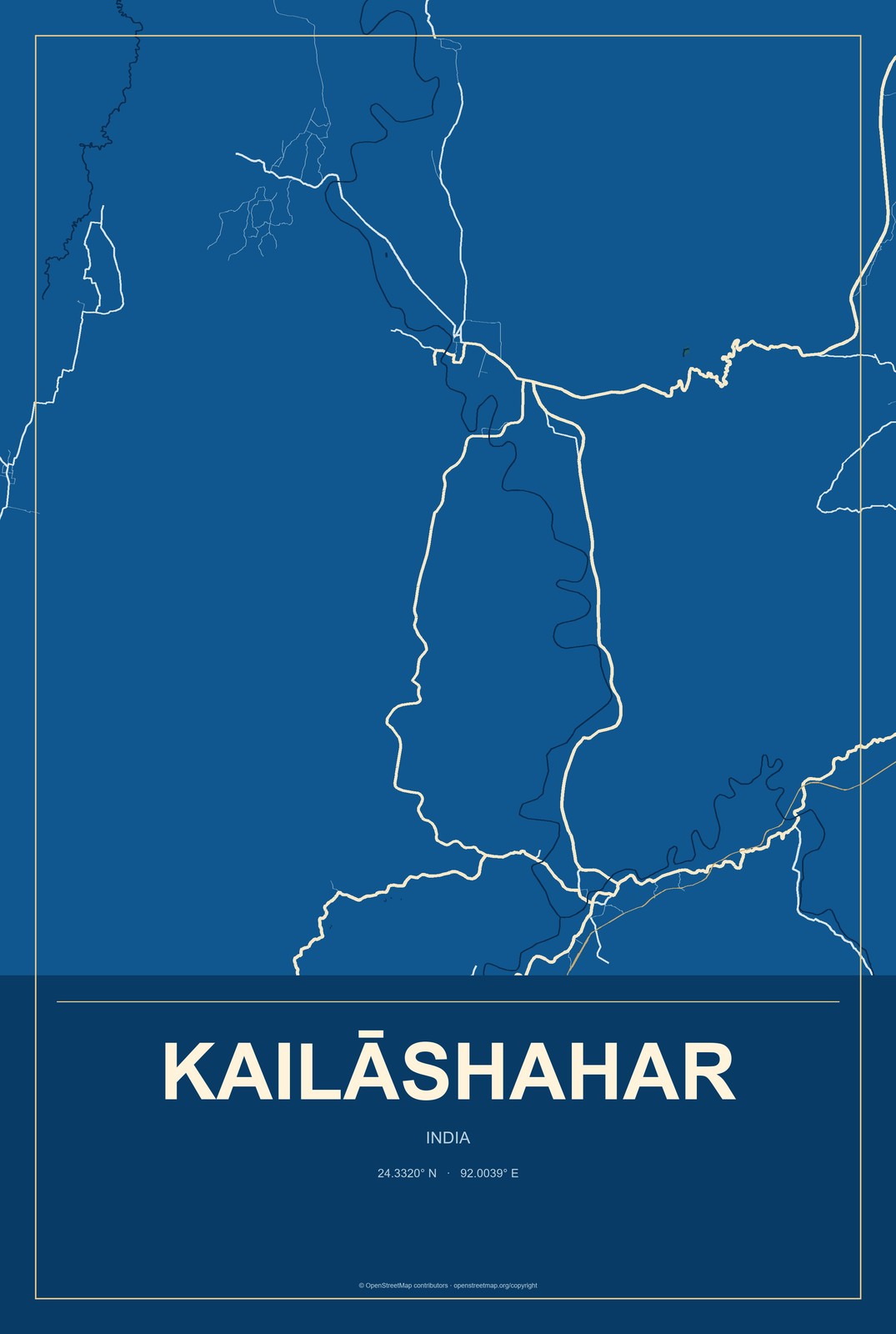 Kailāshahar, India City Map Aluminum Sign in Harbor Cobalt style