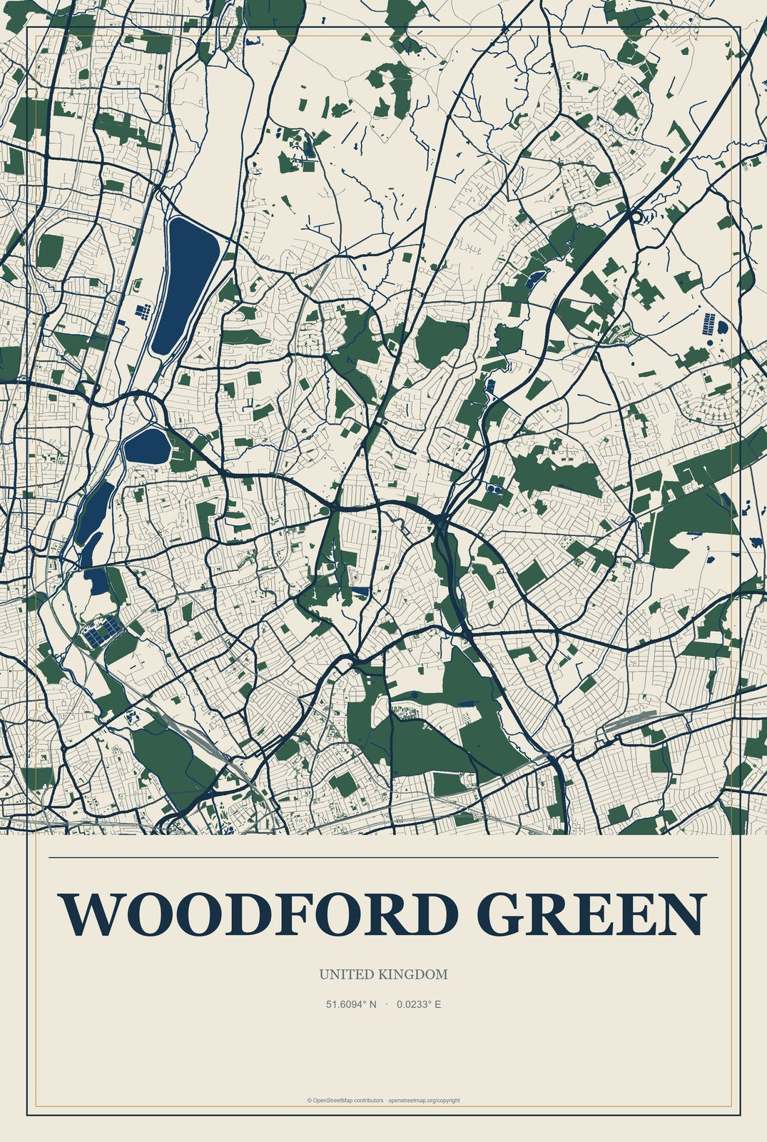 Woodford Green, United Kingdom City Map Aluminum Sign in Coastal Cutout style