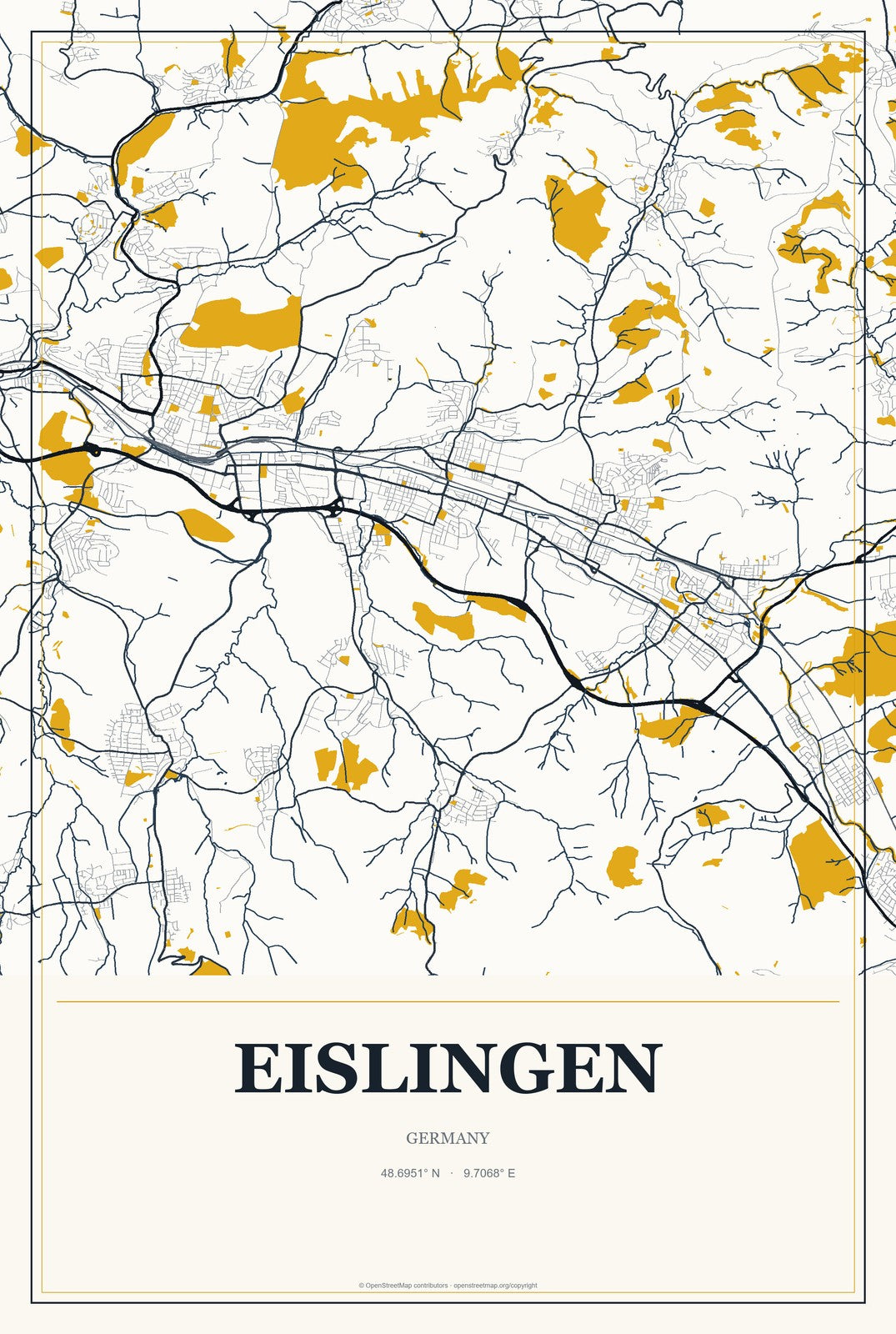 Eislingen, Germany City Map Aluminum Sign in Citrine Modern style