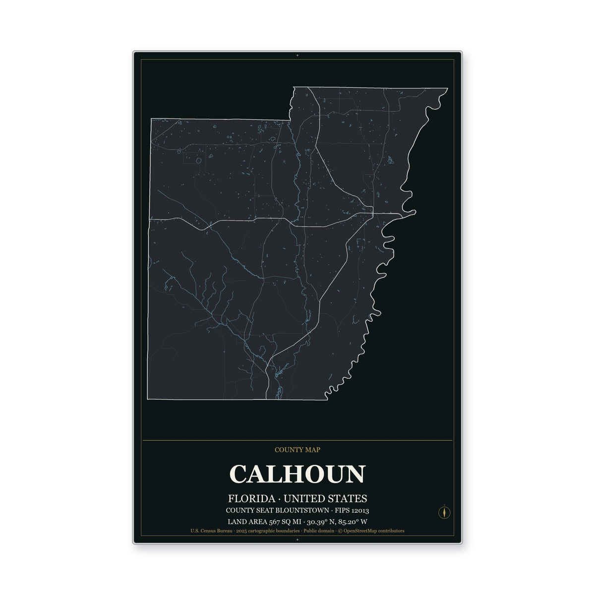 Calhoun County, Florida Map Aluminum Sign in Metropolitan Noir style