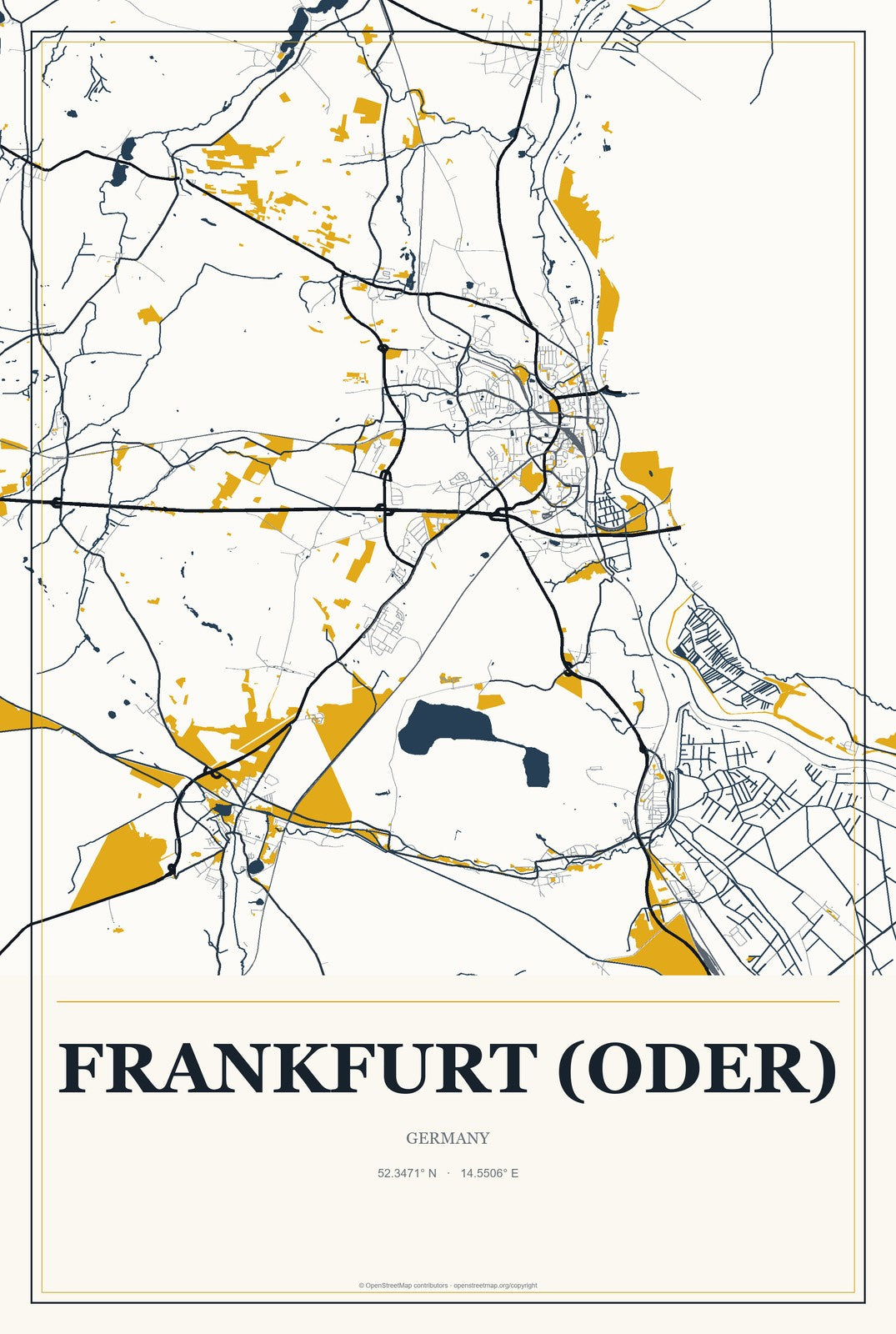 Frankfurt (Oder), Germany City Map Aluminum Sign in Citrine Modern style