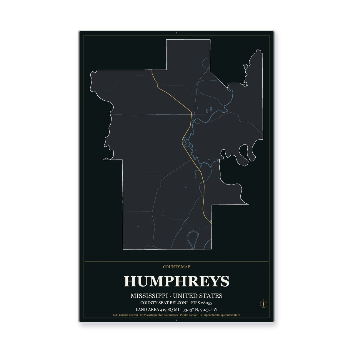 Humphreys County, Mississippi Map Aluminum Sign in Metropolitan Noir style