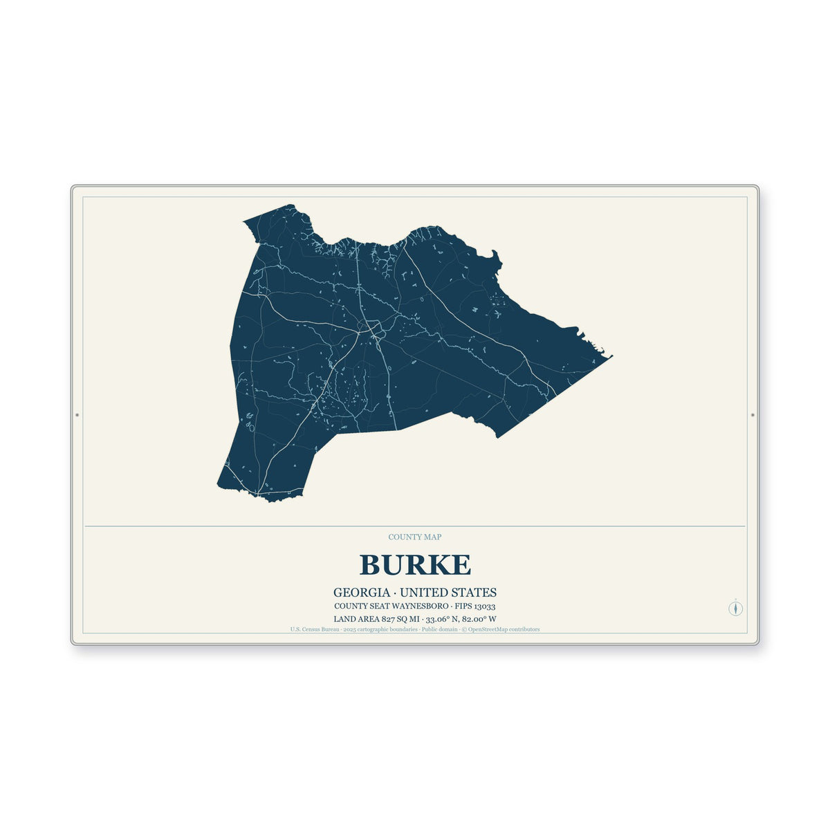 Burke County, Georgia Map Aluminum Sign in Coastal Cutout style