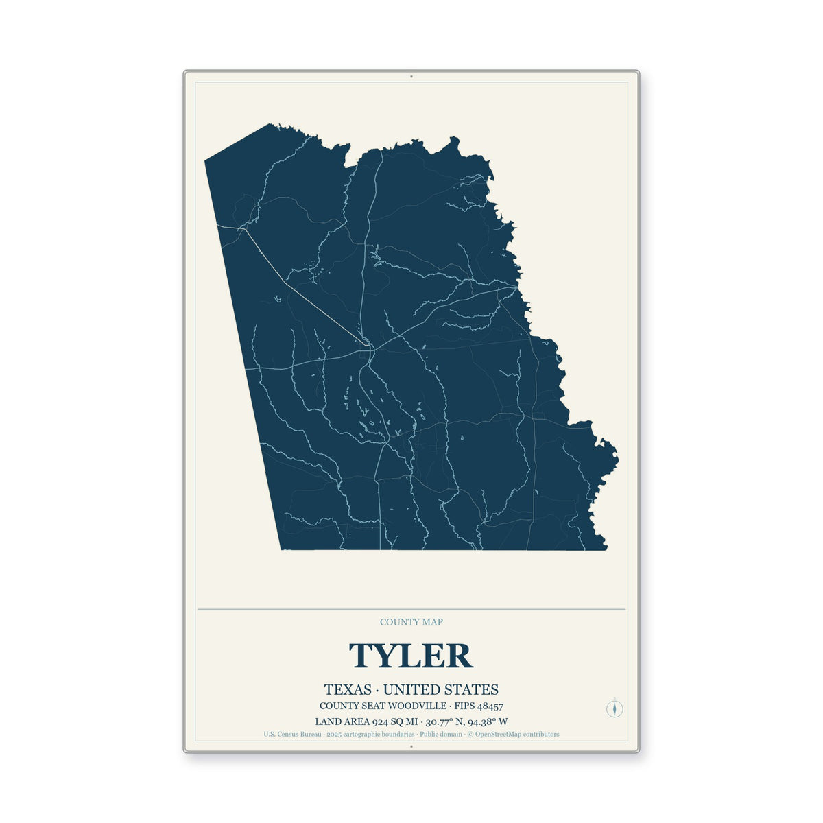 Tyler County, Texas Map Aluminum Sign in Coastal Cutout style