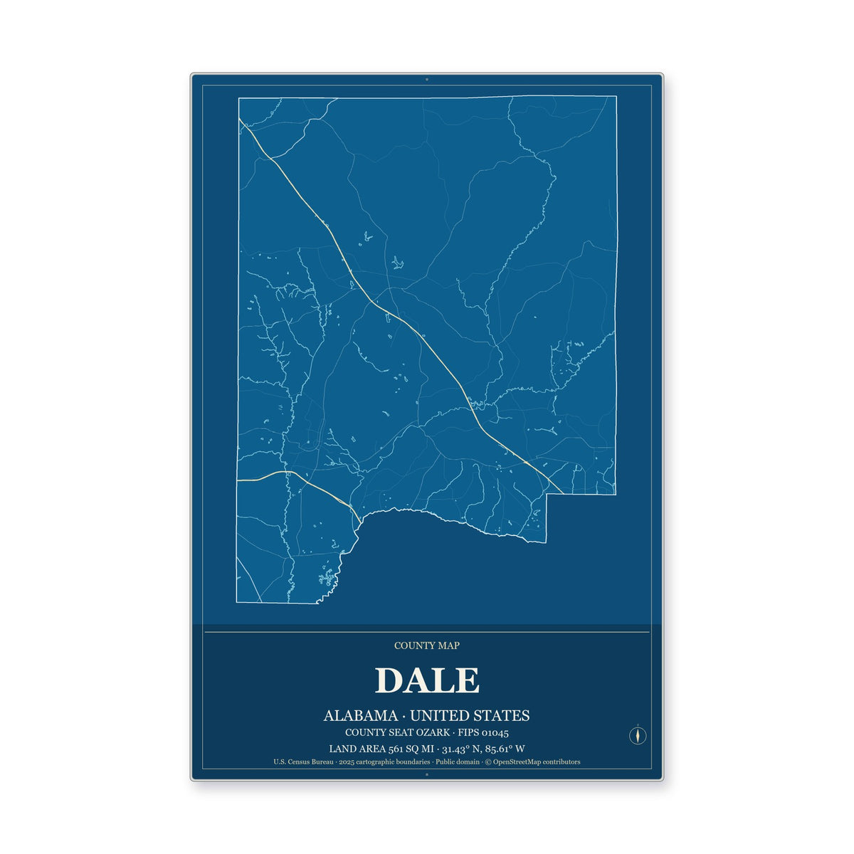 Dale County, Alabama Map Aluminum Sign in Harbor Cobalt style