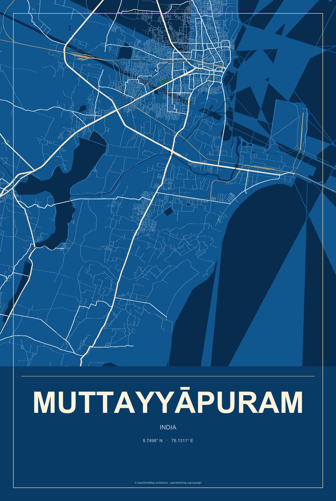 Muttayyāpuram, India City Map Aluminum Sign in Harbor Cobalt style