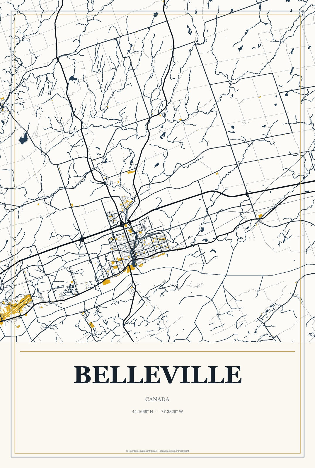 Belleville, Canada City Map Aluminum Sign in Citrine Modern style