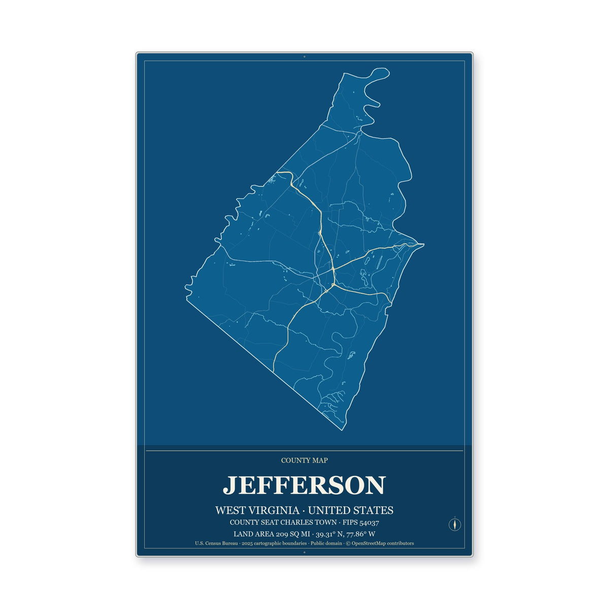 Jefferson County, West Virginia Map Aluminum Sign in Harbor Cobalt style