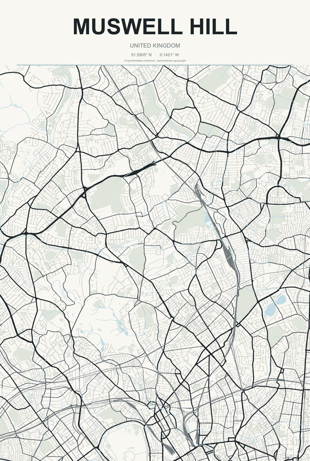 Muswell Hill, United Kingdom City Map Aluminum Sign in Headline Atlas style