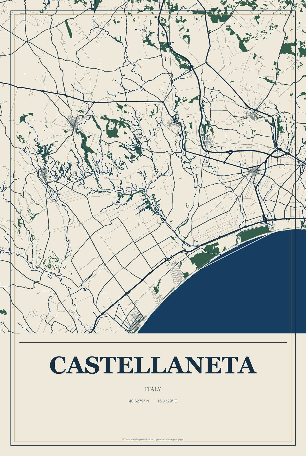 Castellaneta, Italy City Map Aluminum Sign in Coastal Cutout style