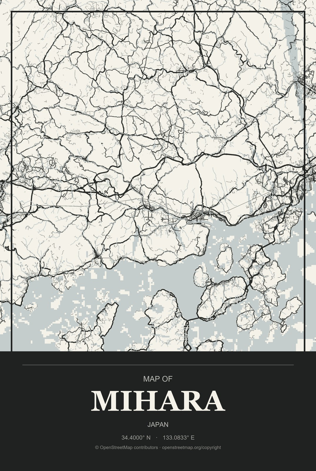 Mihara, Japan City Map Aluminum Sign in Museum Plaque style