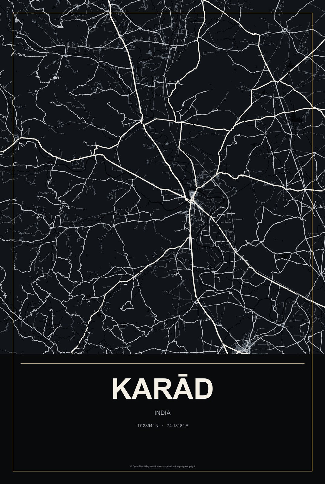 Karād, India City Map Aluminum Sign in Metropolitan Noir style