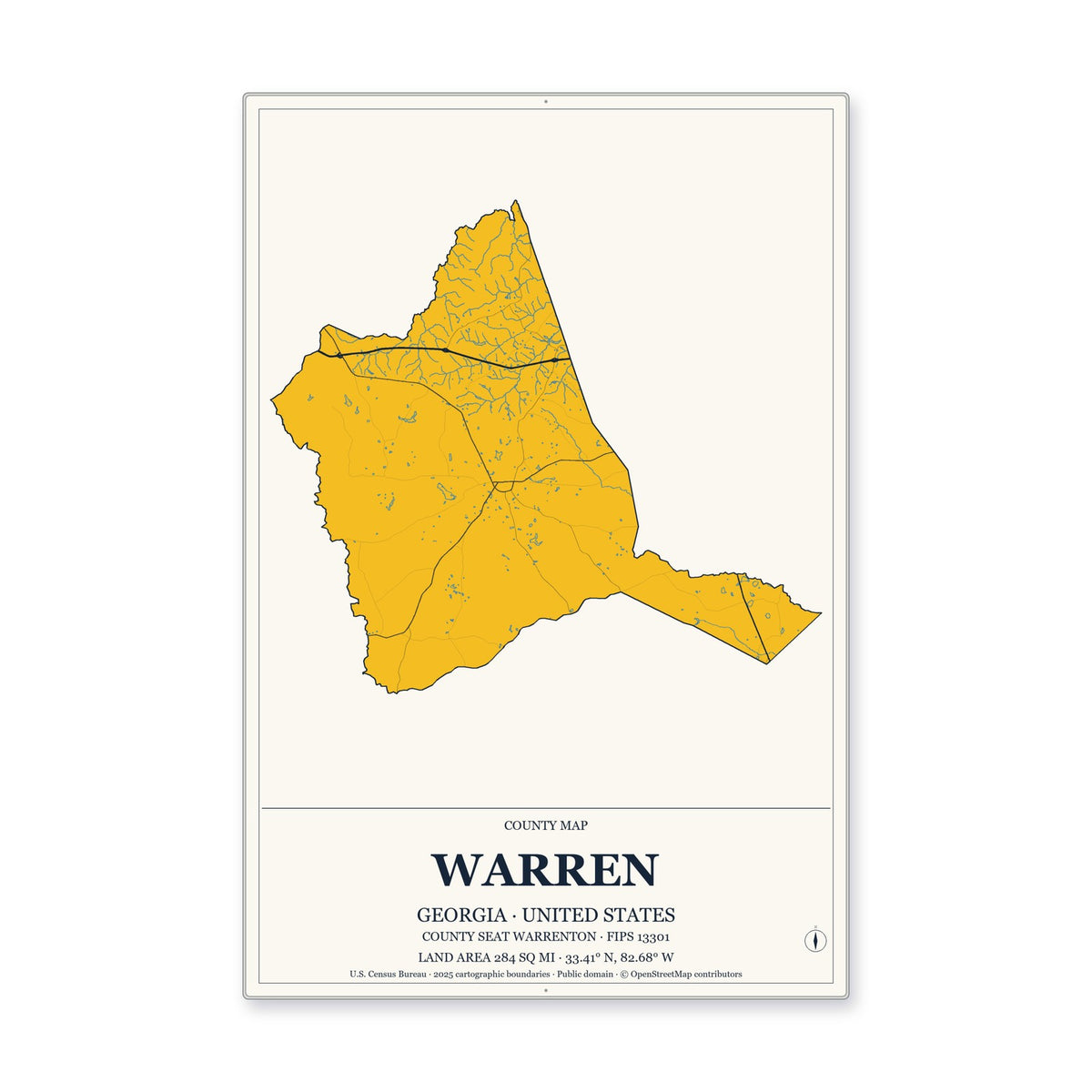 Warren County, Georgia Map Aluminum Sign in Citrine Modern style