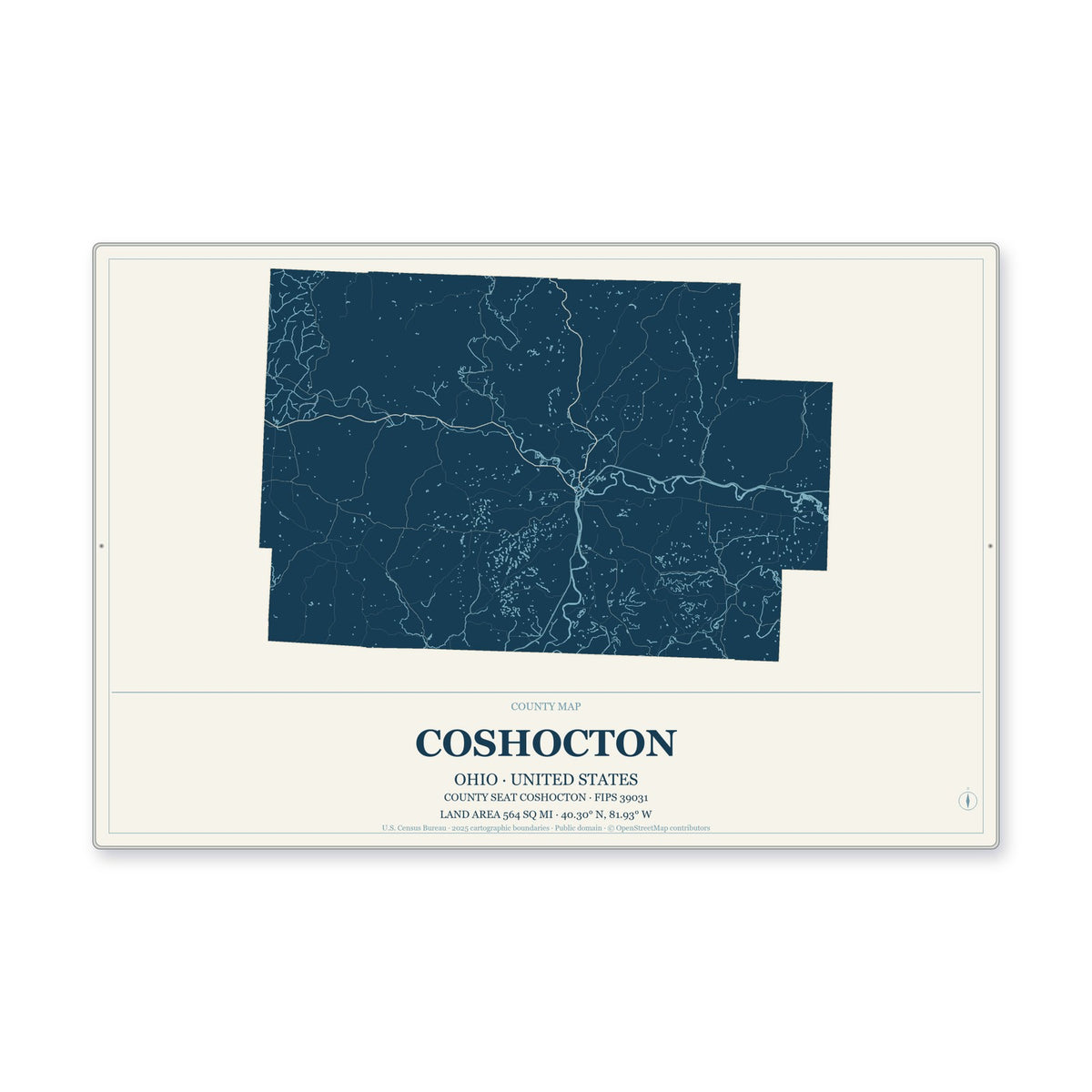 Coshocton County, Ohio Map Aluminum Sign in Coastal Cutout style
