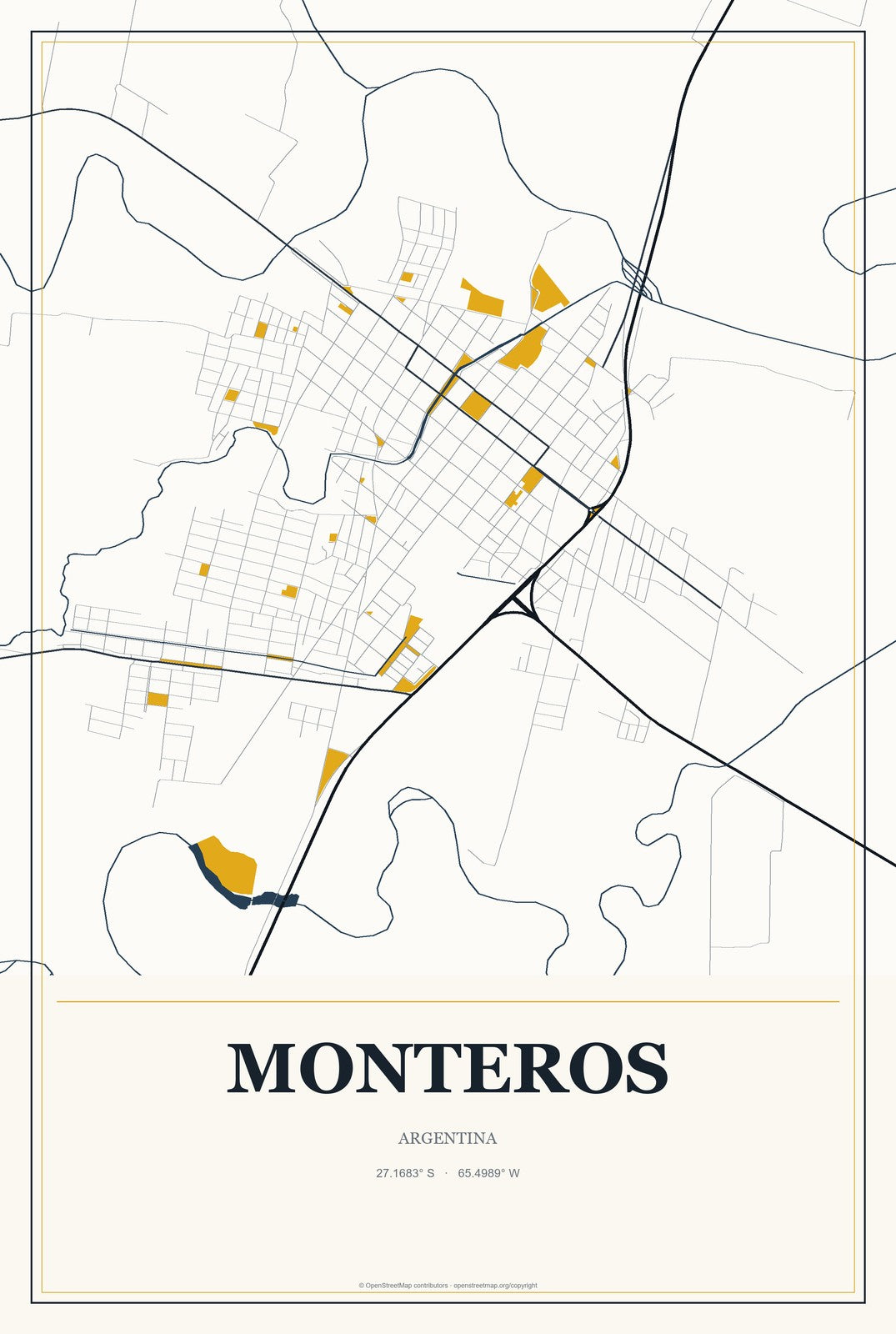 Monteros, Argentina City Map Aluminum Sign in Citrine Modern style