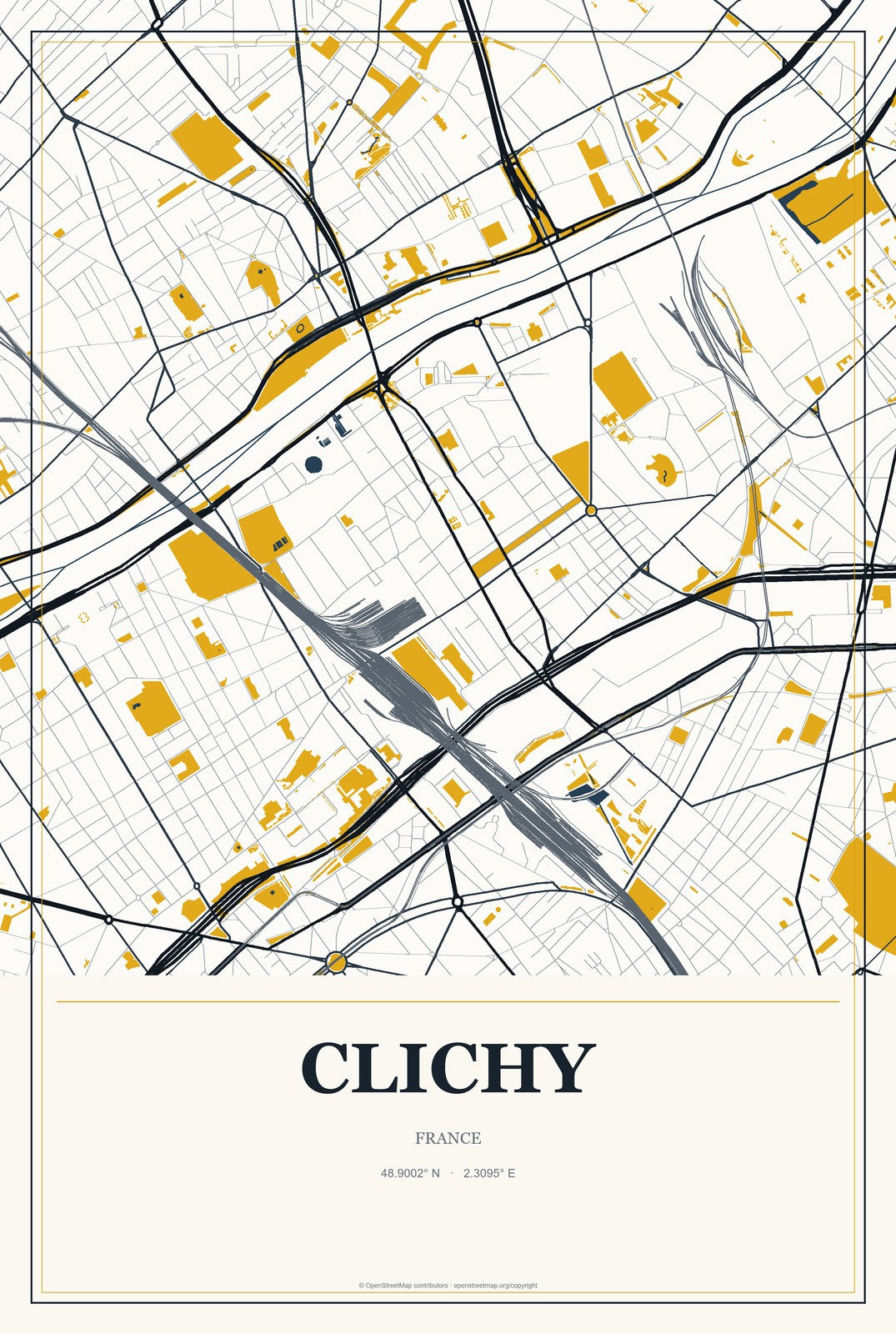 Clichy, France City Map Aluminum Sign in Citrine Modern style
