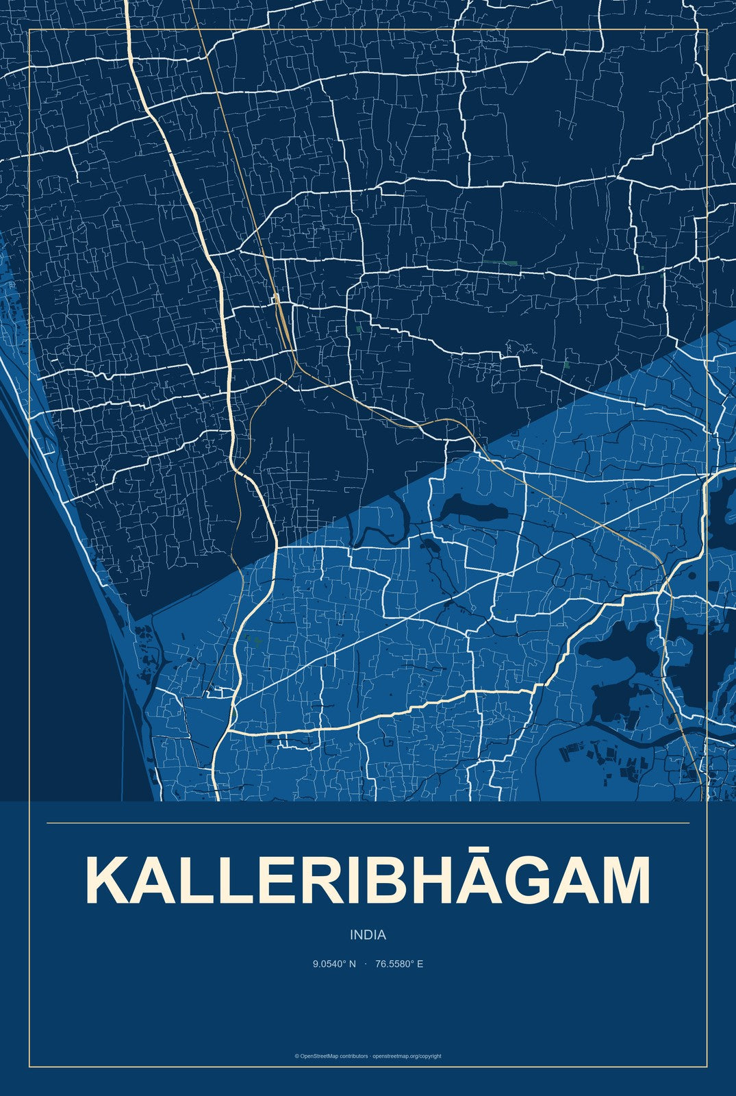 Kalleribhāgam, India City Map Aluminum Sign in Harbor Cobalt style