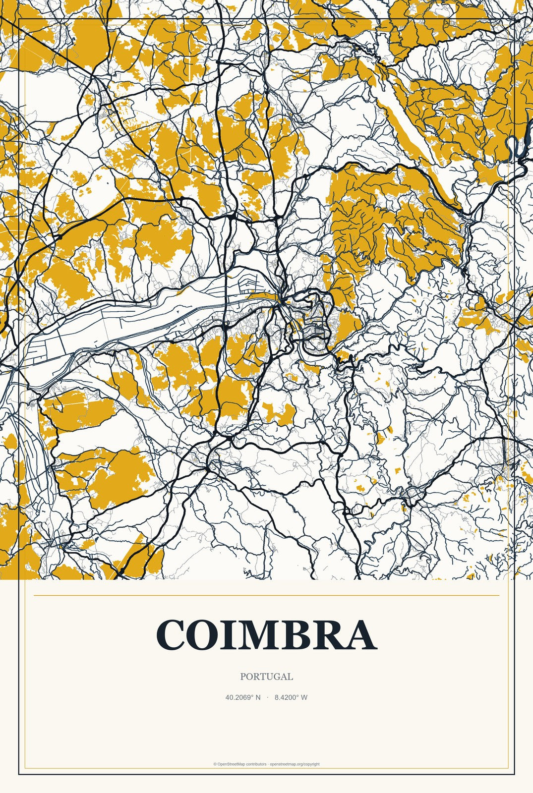 Coimbra, Portugal City Map Aluminum Sign in Citrine Modern style